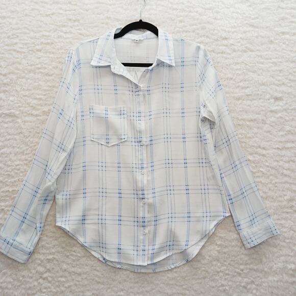 Blouse Size M Blue Plaid Office Siren Capsule Wardrobe Minimalist Long Sleeve - Picture 2 of 16